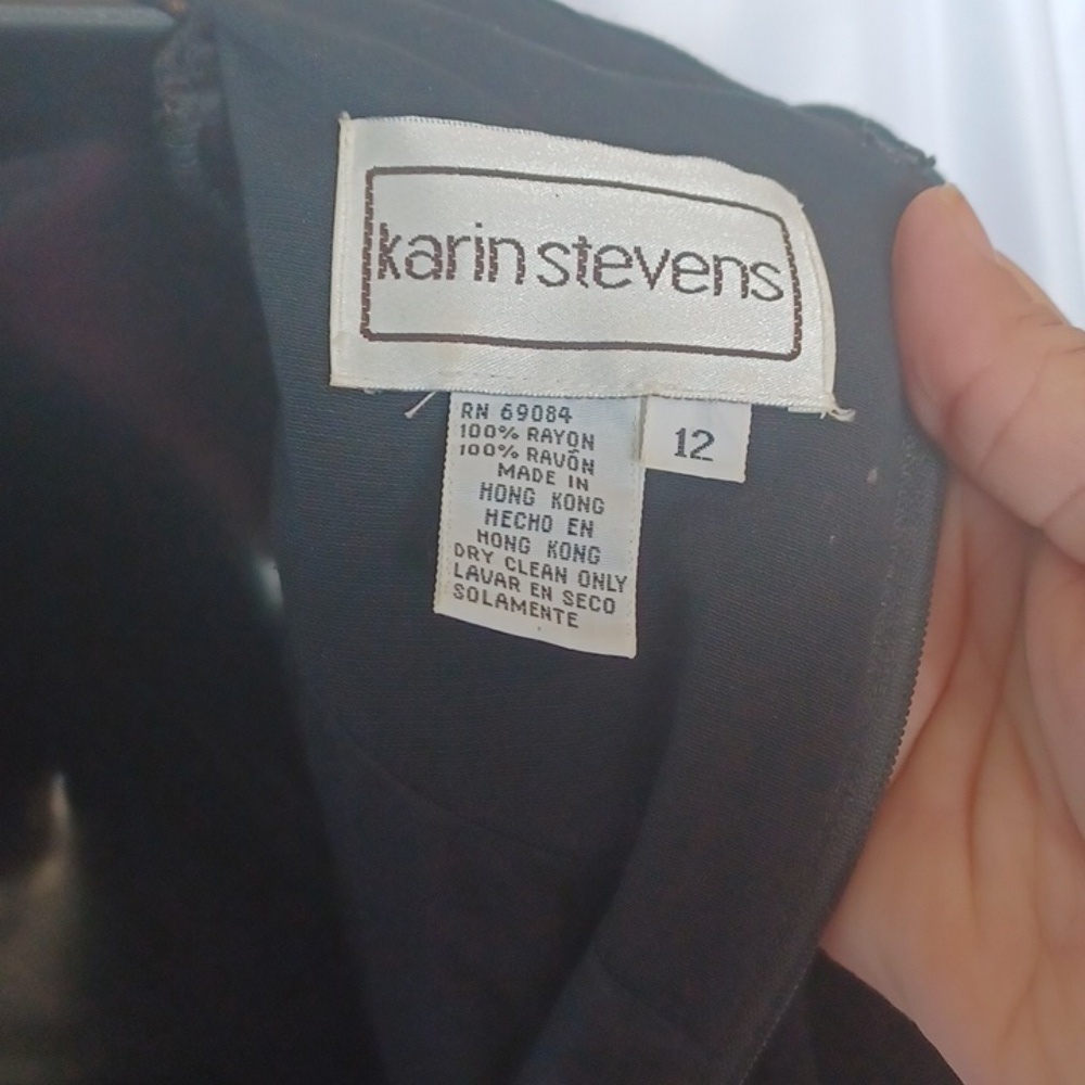 Vintage Karin Stevens Career Dress, black with white/cream embroidery,  sz 12 - Picture 6 of 8